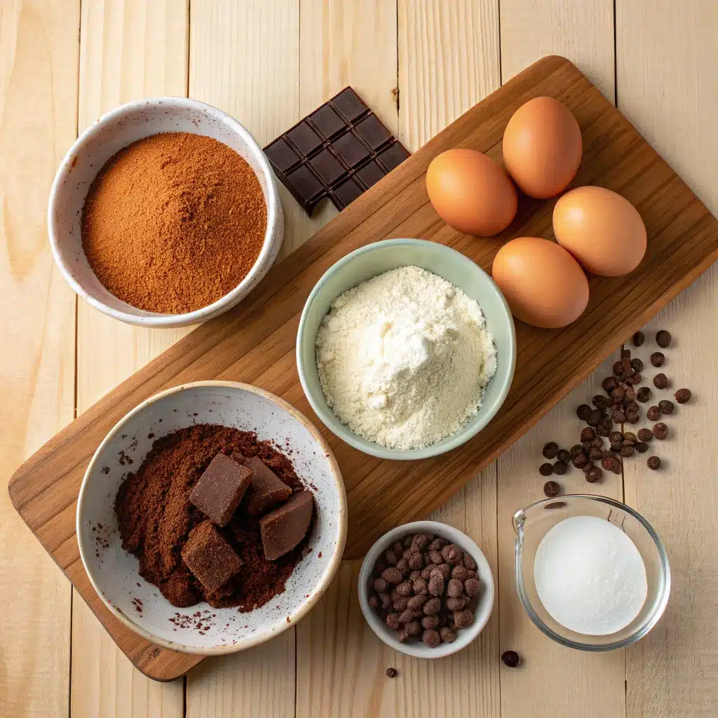 Chocolate donut cake ingredients on wooden surface