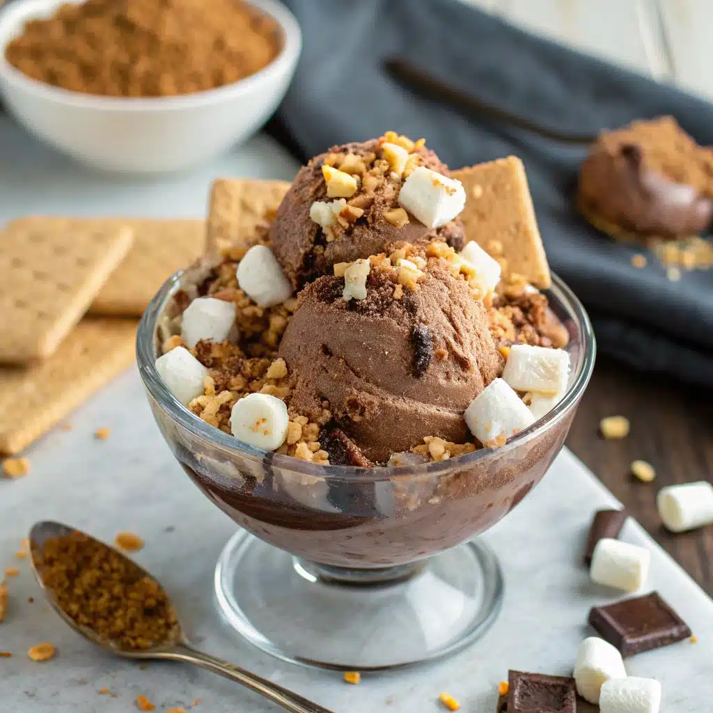 Chocolate marshmallow ice cream sundae with toppings