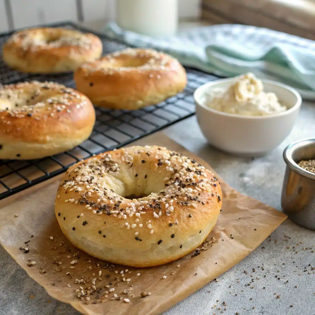 Freshly baked cottage cheese bagels with bread flour on a wire rack