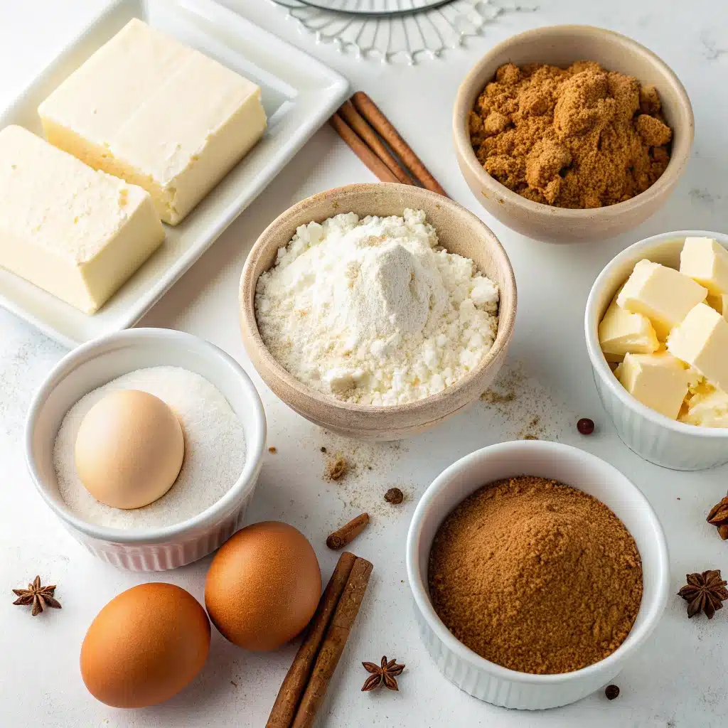 Cream cheese coffee cake baking ingredients laid out