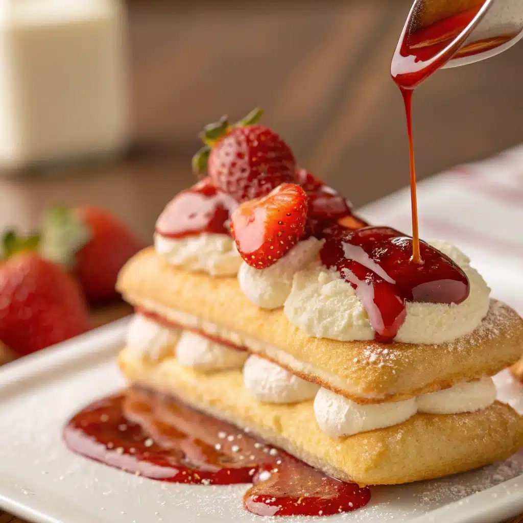 Drizzling strawberry syrup onto ladyfingers for tiramisu