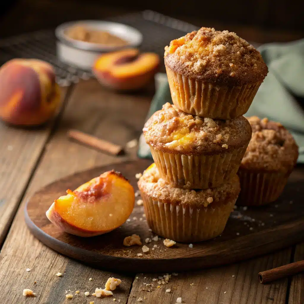 Freshly baked peach muffins with crumb topping on wooden table