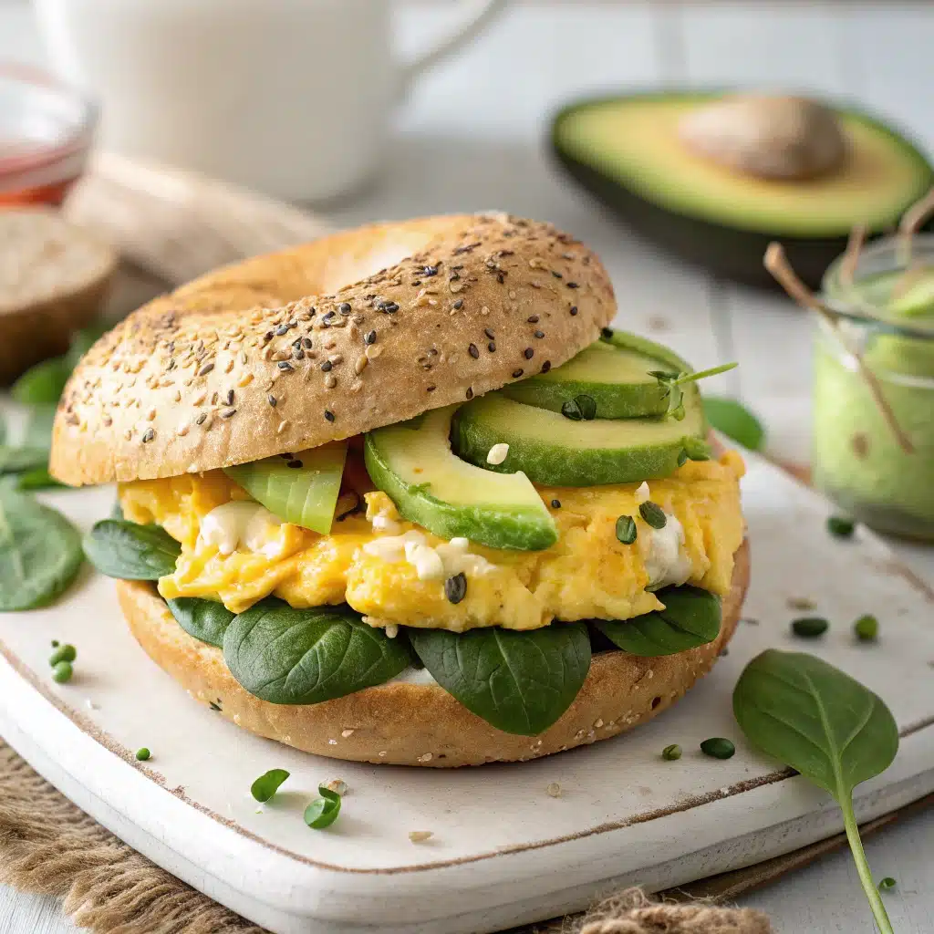 Breakfast sandwich with gluten-free cottage cheese bagel