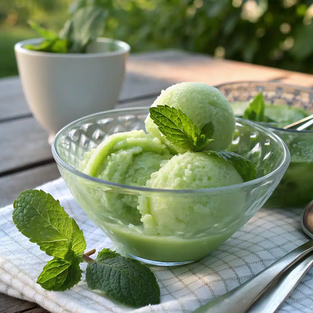 green apple sorbet served in glass bowl with mint