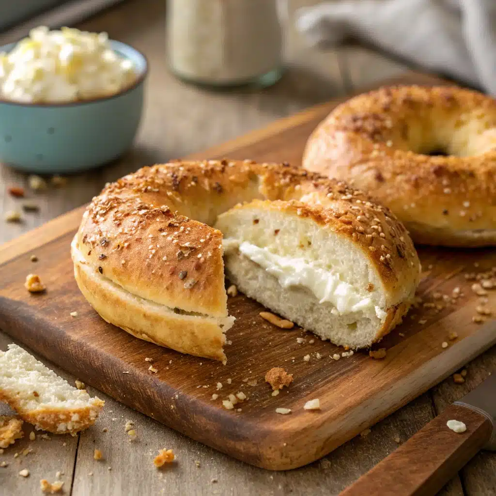 High protein cottage cheese bagel on cutting board