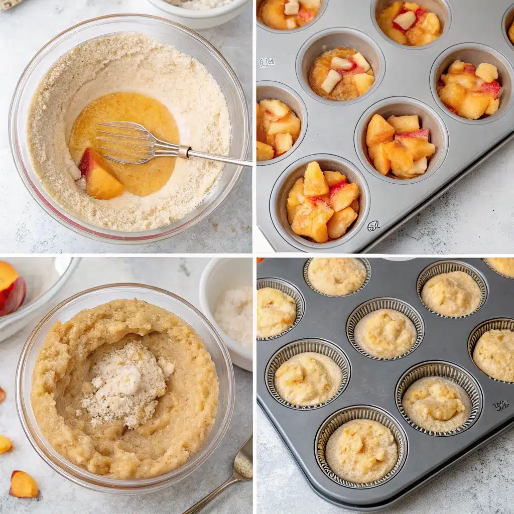 Mixing peach muffin batter and filling muffin tin with chunks of peach