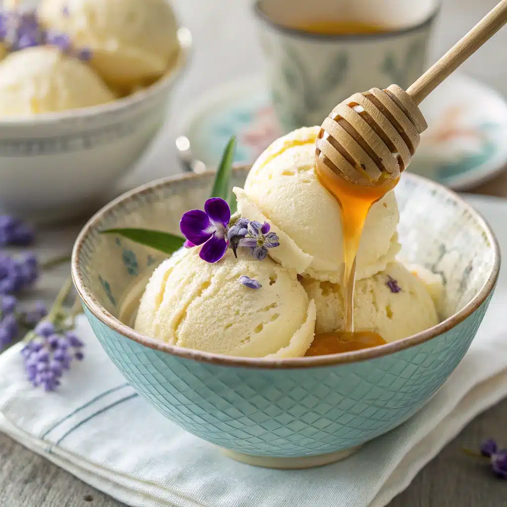 Lavender honey ice cream with floral garnish