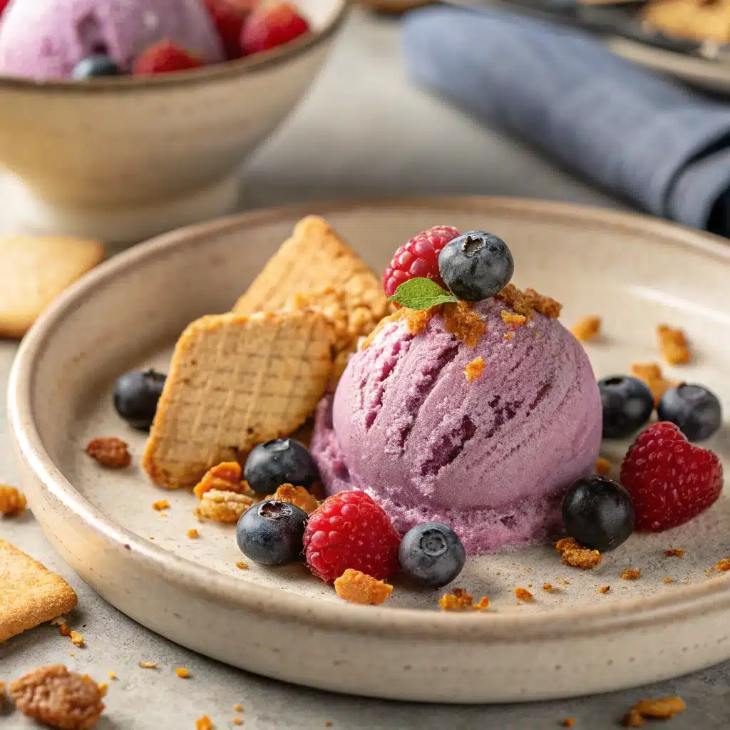 Lavender ice cream paired with shortbread cookies and berries