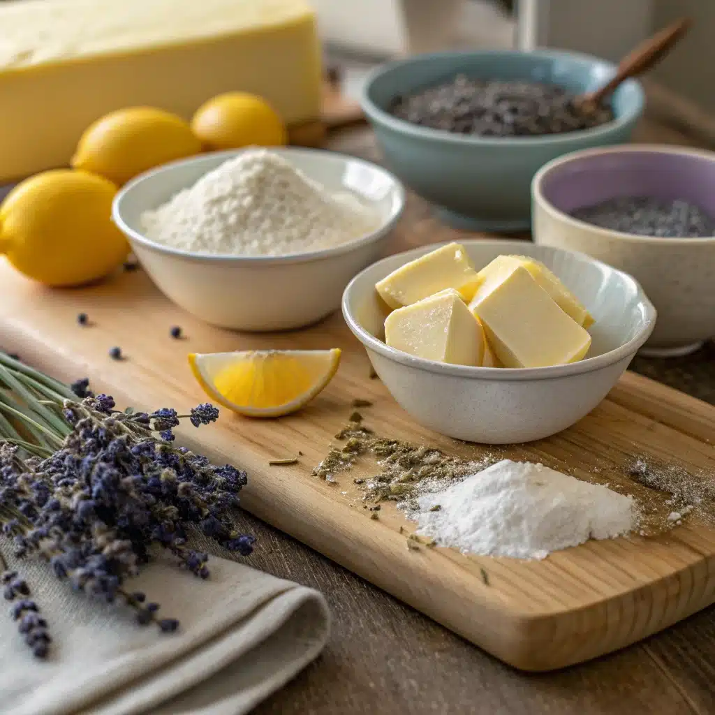 Ingredients for Lemon Lavender Cookies on wooden surface