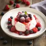 Pavlova cookie topped with berries and cream