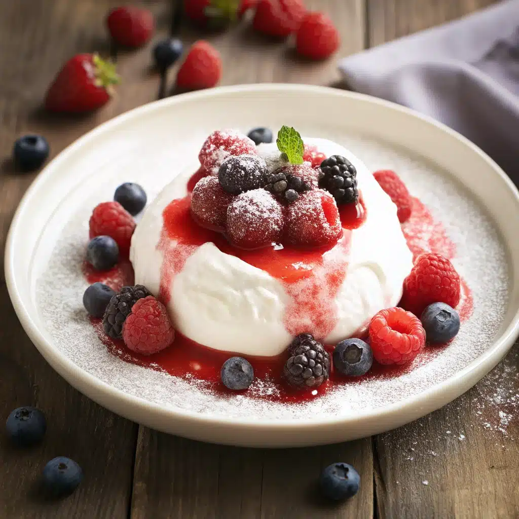 Pavlova cookie topped with berries and cream