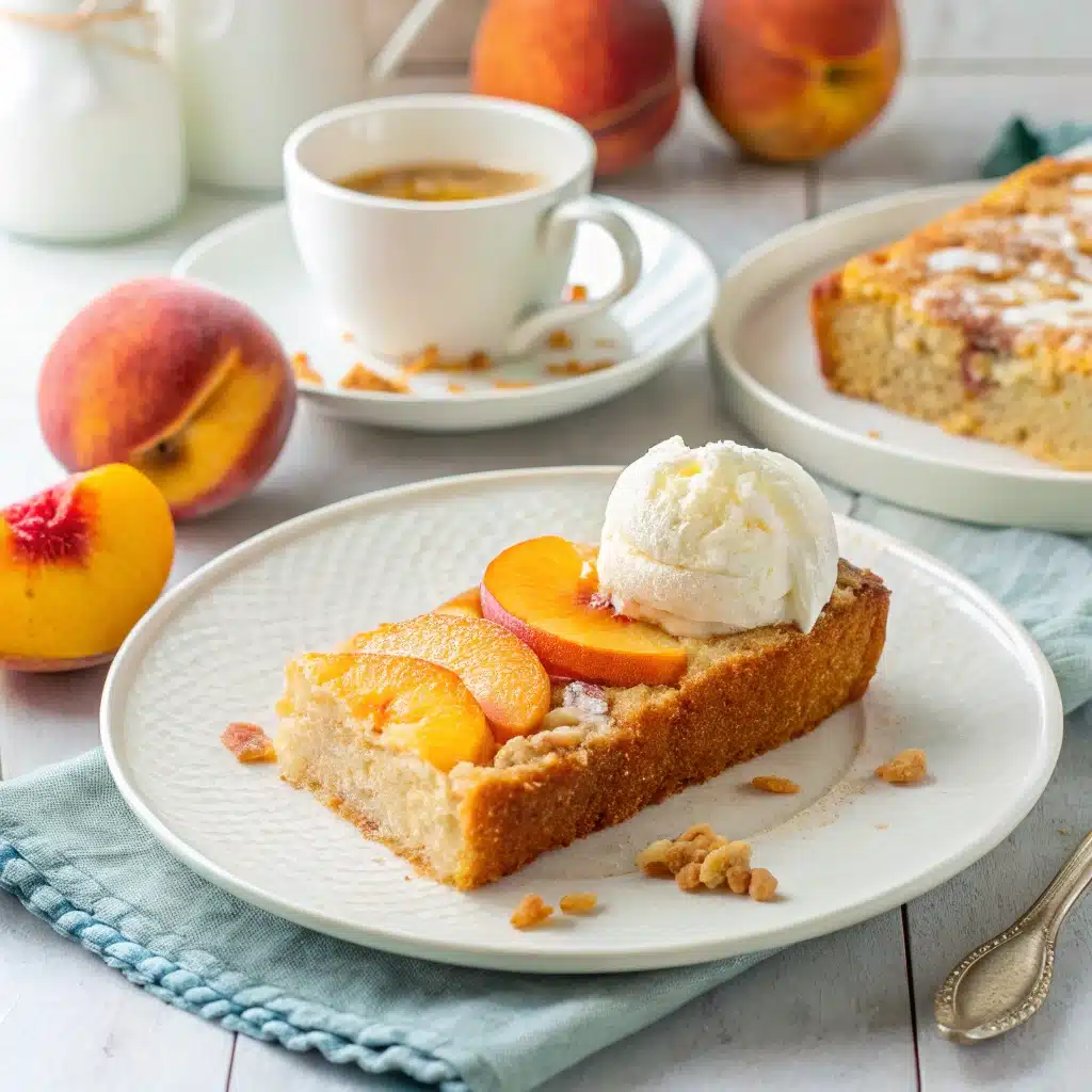 Slice of peach bread with whipped cream and peach slices