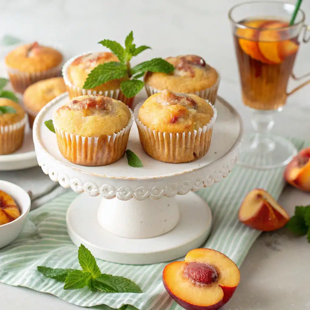 Peach muffins displayed on brunch table with garnishes