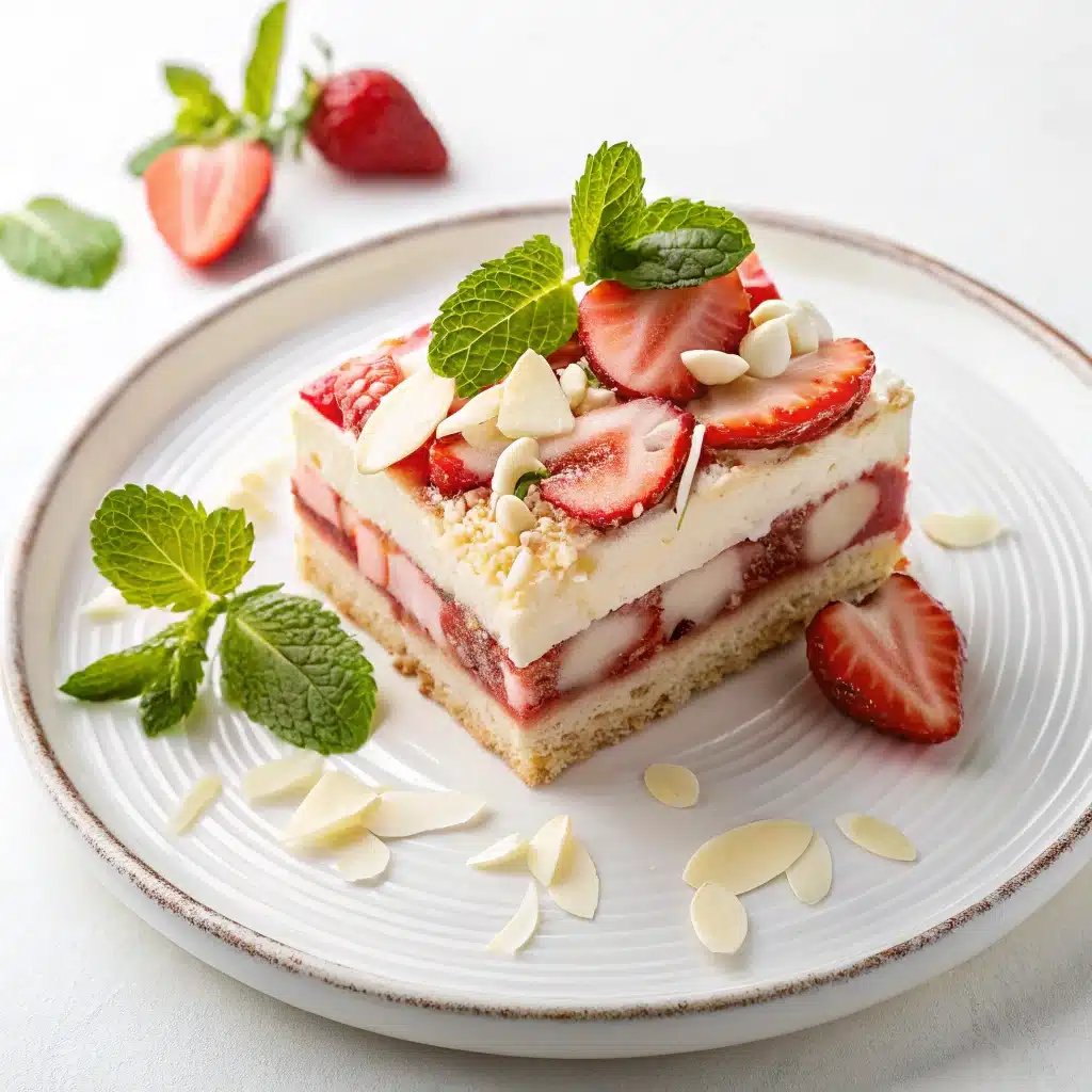 Slice of Strawberry Tiramisu with mint garnish