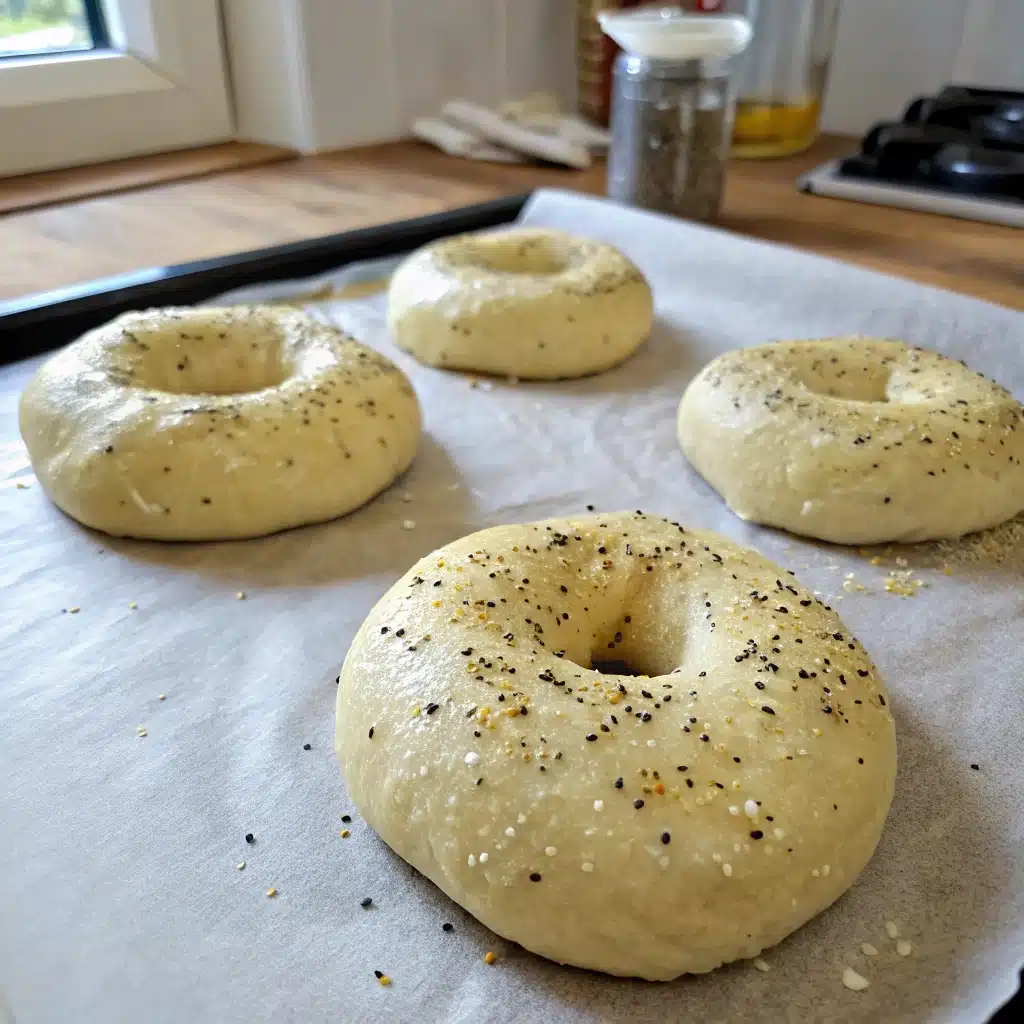 Unbaked cottage cheese bagels with egg wash and seasoning