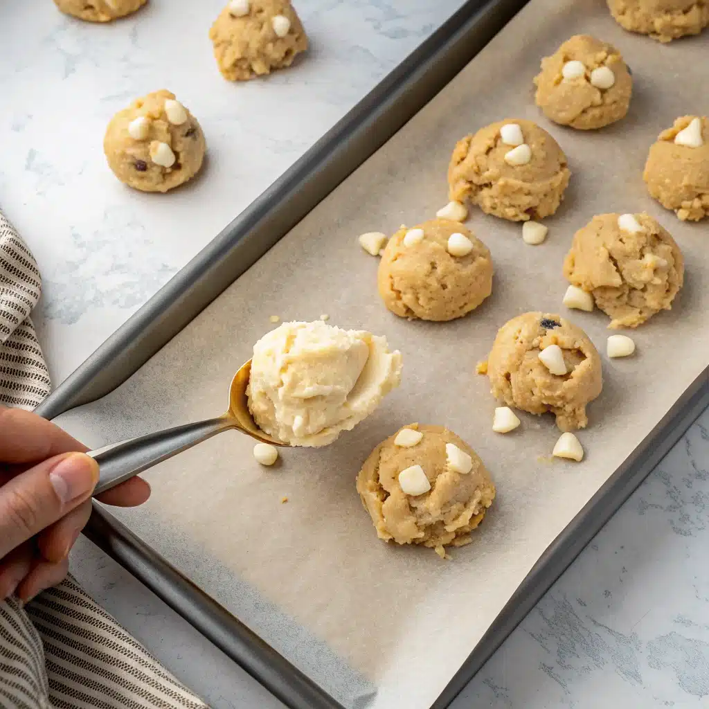 scooping white chocolate chip cookie dough onto tray