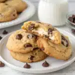 Soft cream cheese chocolate chip cookies stacked with gooey chips