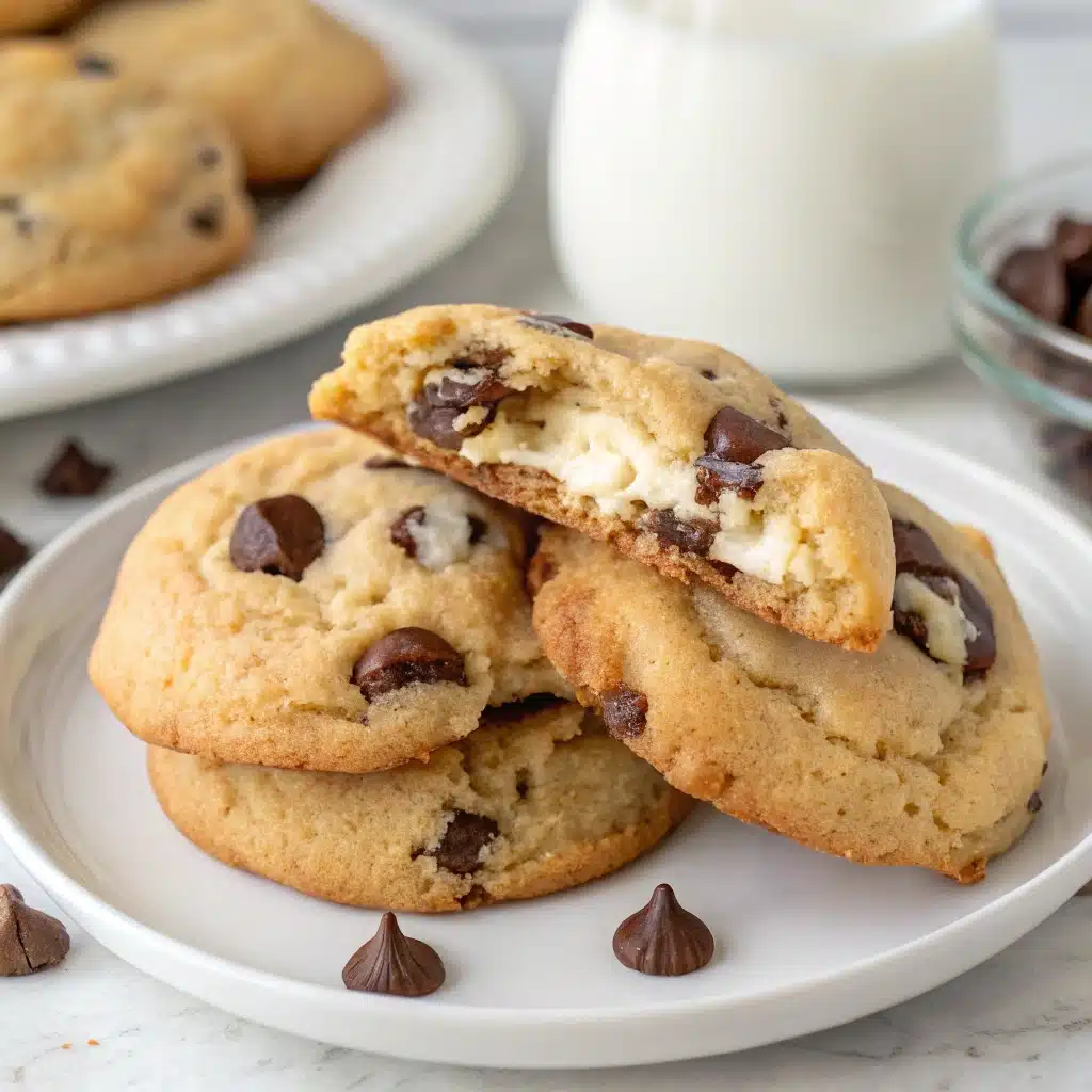 Soft cream cheese chocolate chip cookies stacked with gooey chips