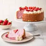 Strawberry Angel Food Cake topped with cream and berries