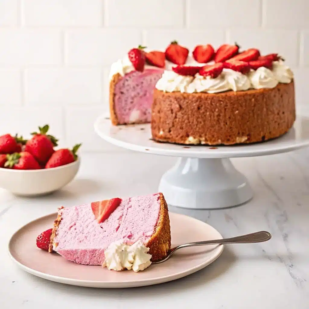 Strawberry Angel Food Cake topped with cream and berries