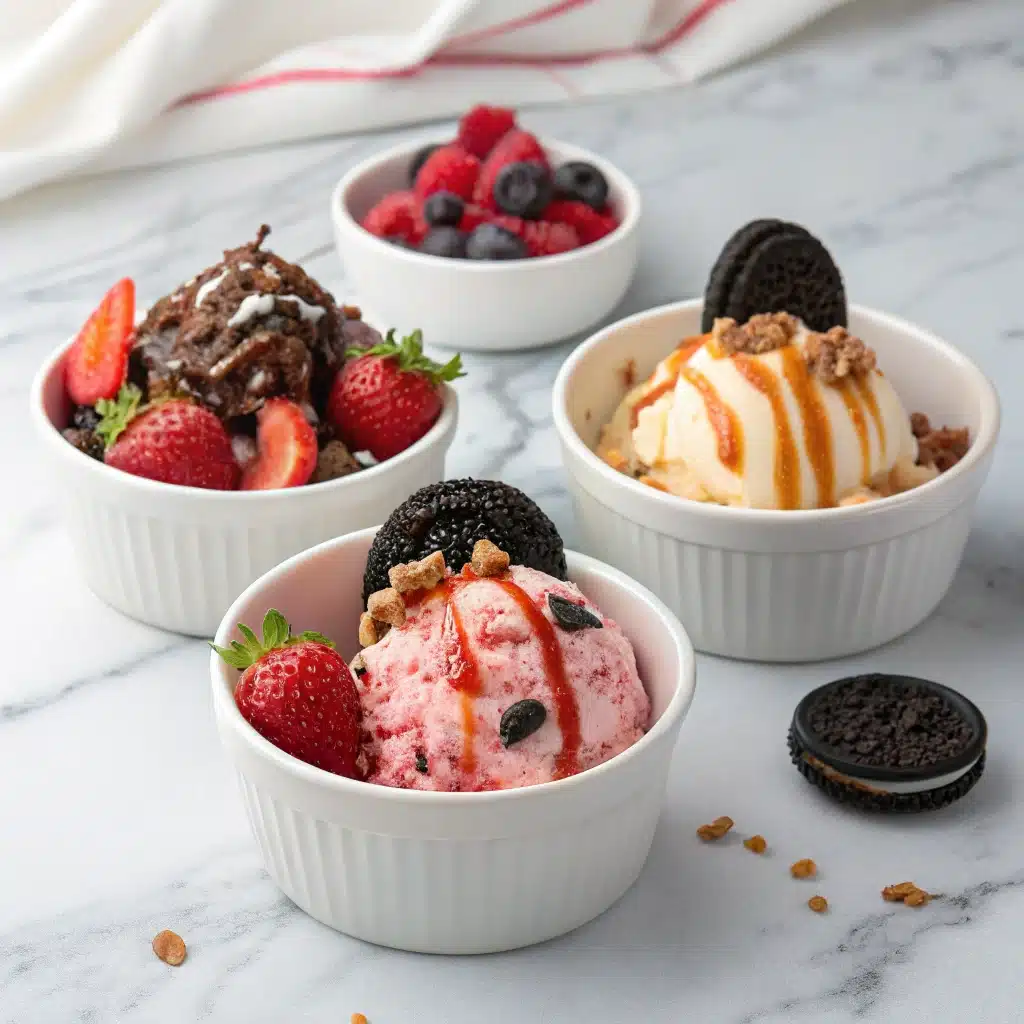 Strawberry cheesecake ice cream variations in bowls