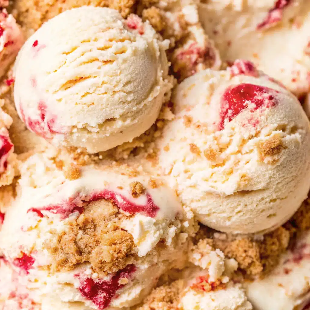 Strawberry cheesecake ice cream in waffle cone with graham crust