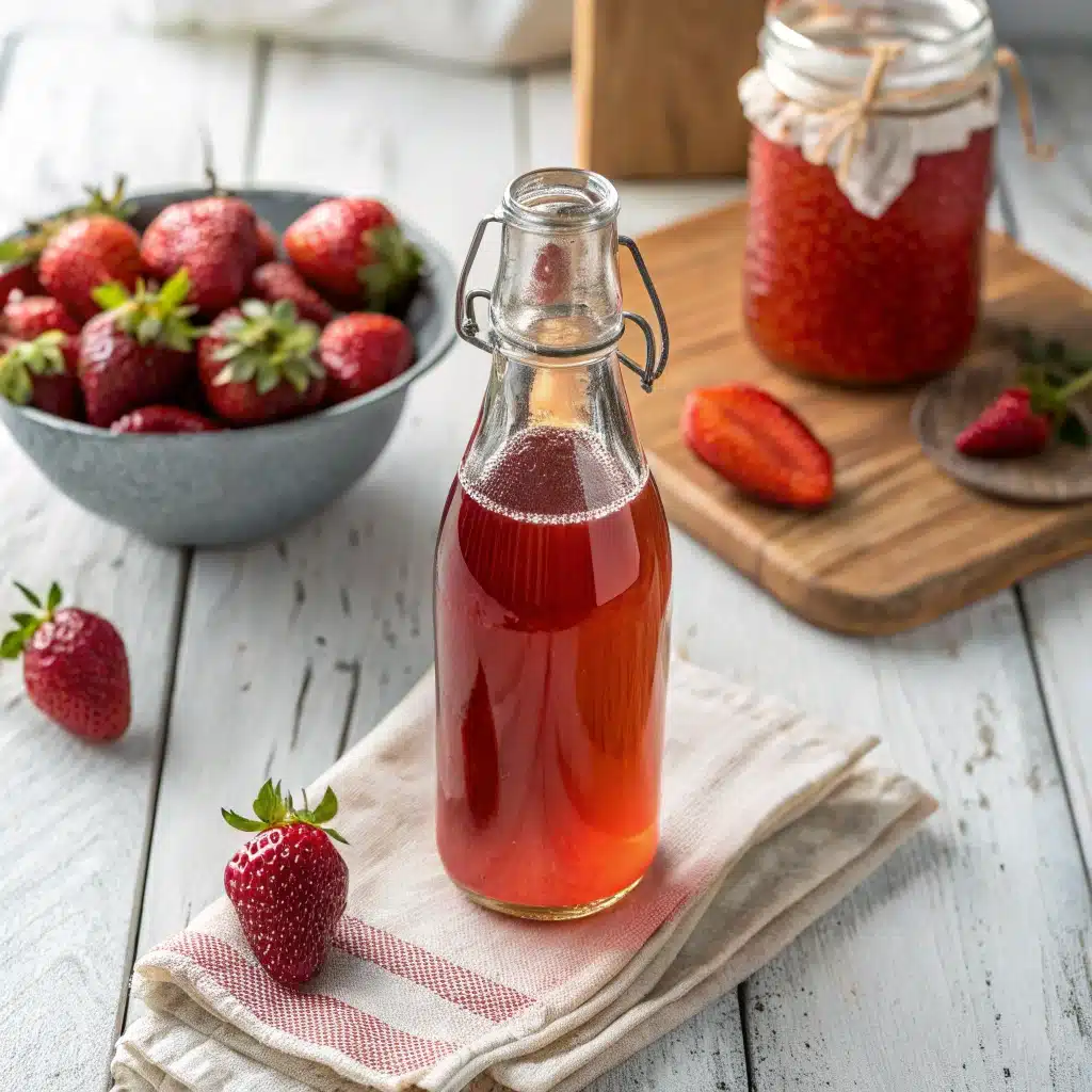 Homemade strawberry simple syrup in bottle