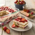 Strawberry Tiramisu layered with fresh cream and strawberries