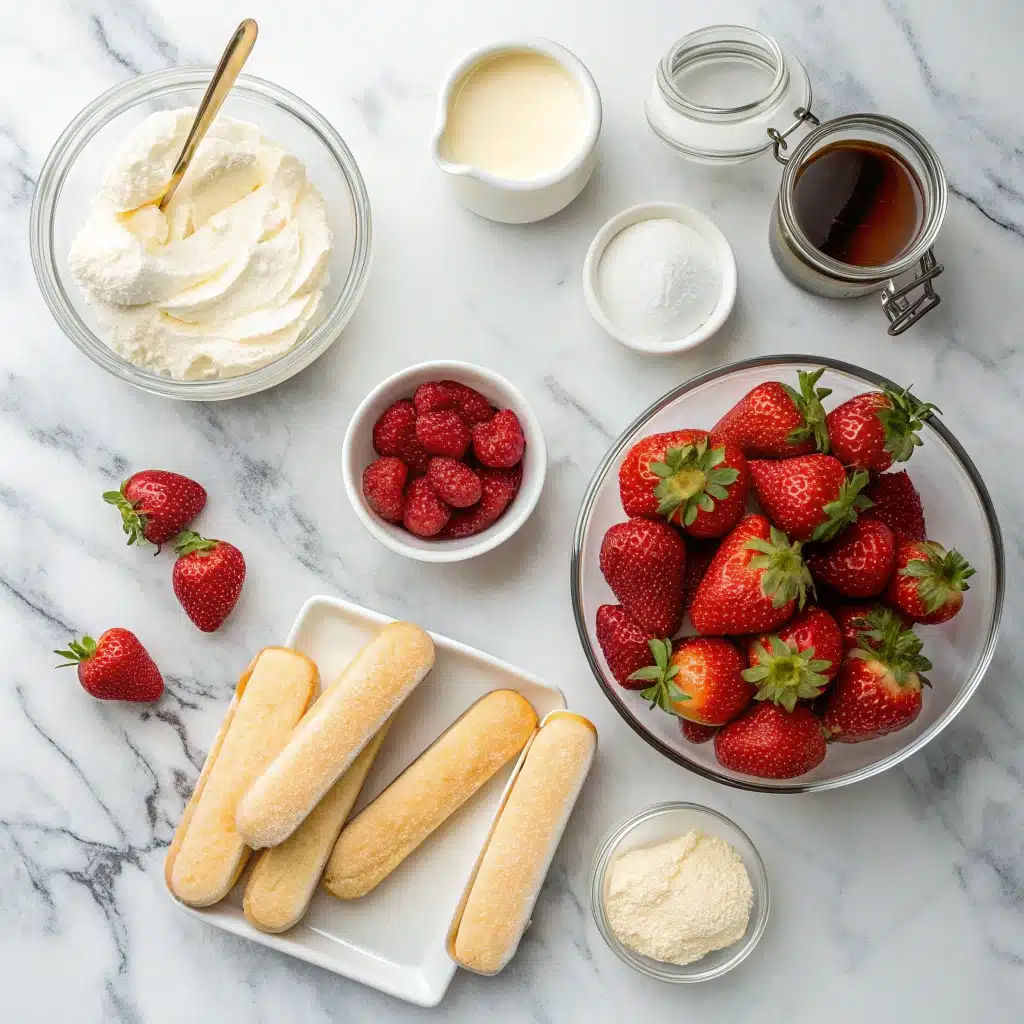 Ingredients for Strawberry Tiramisu on a marble countertop
