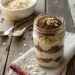 Tiramisu Overnight Oats layered in a glass jar