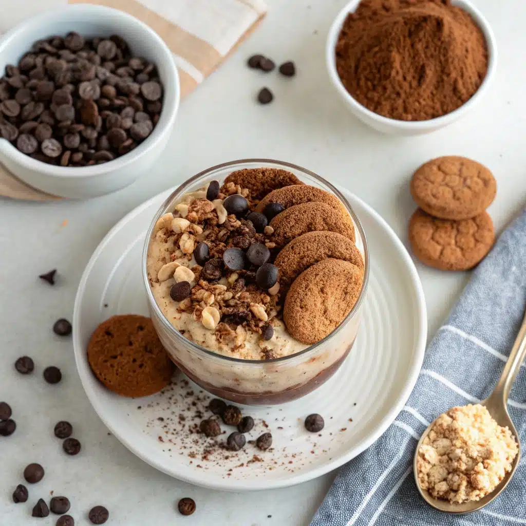 Topped Tiramisu Overnight Oats with chocolate and cookies