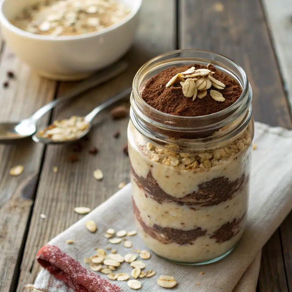 Tiramisu Overnight Oats layered in a glass jar