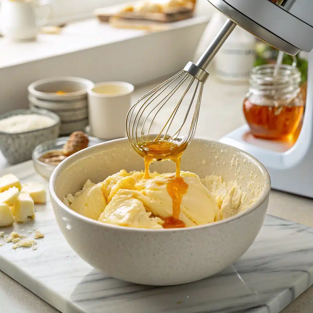 Ingredients for making whipped honey butter in mixing bowl