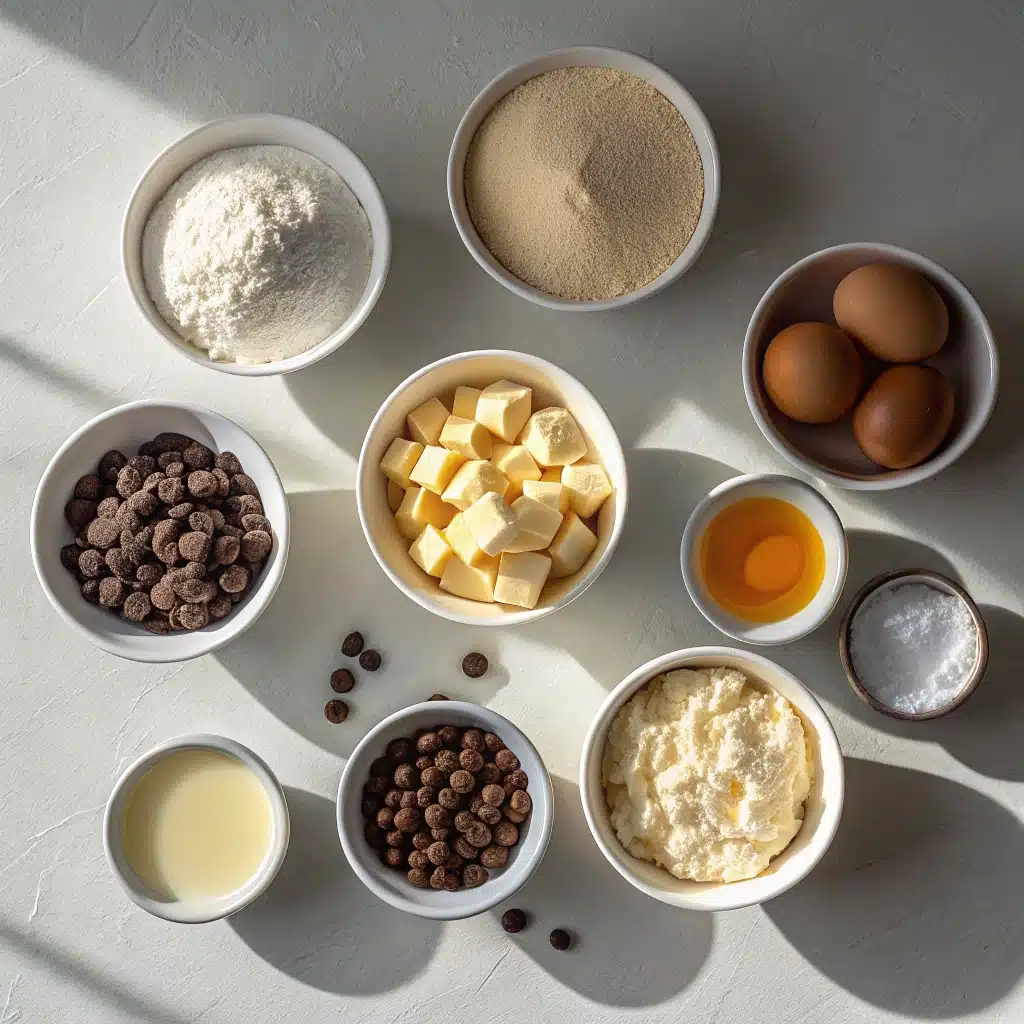 ingredients for white chocolate chip cookies in bowls