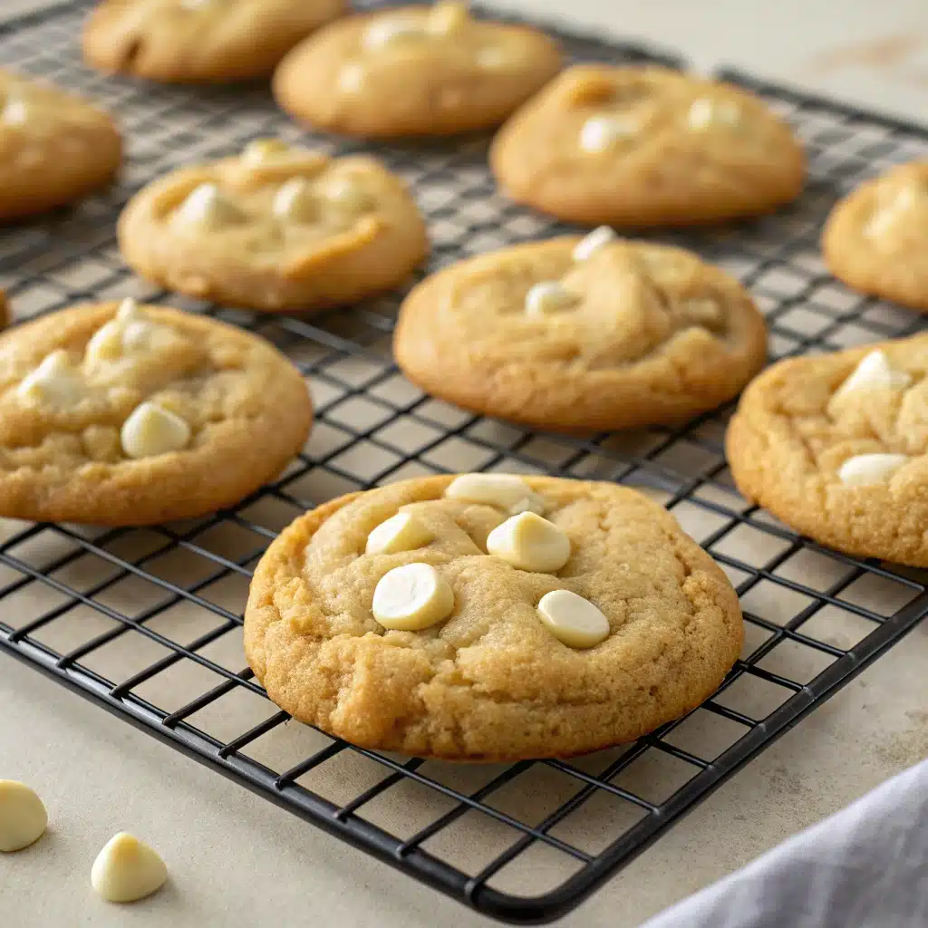 fresh white chocolate chip cookies on cooling rack