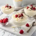 White chocolate mousse in glass cups with raspberries