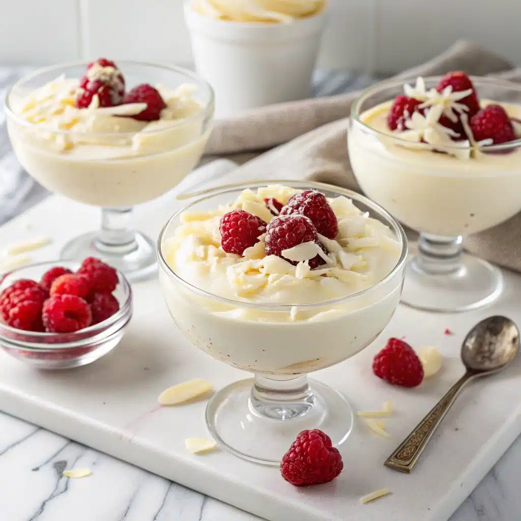 White chocolate mousse in glass cups with raspberries