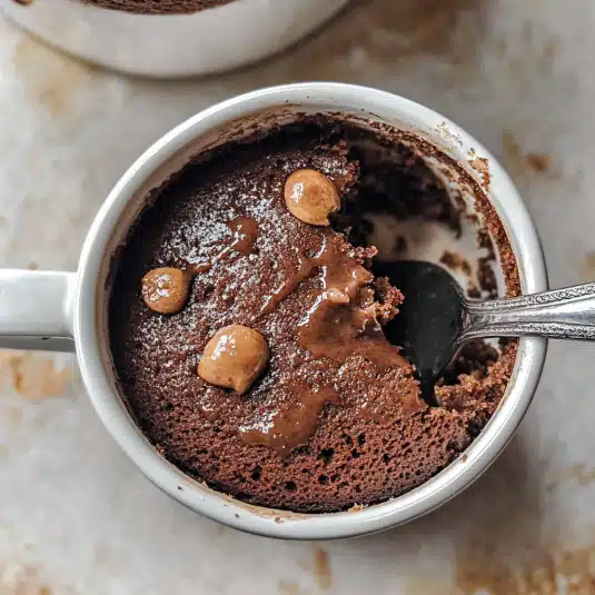 almond flour mug cake in white mug on rustic counter
