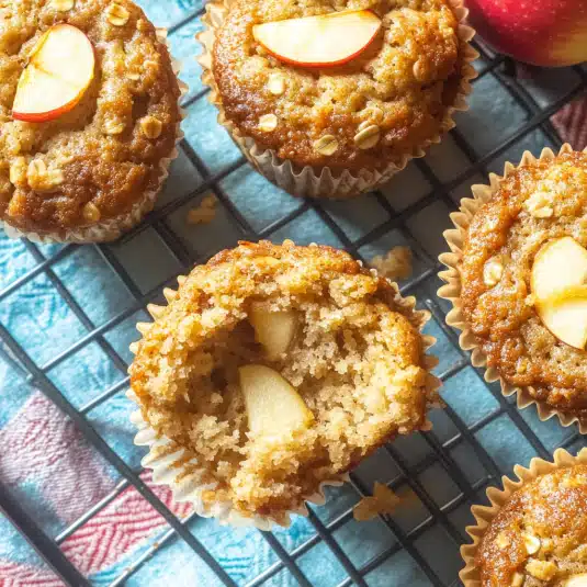 fresh apple oatmeal muffins close up on wooden table