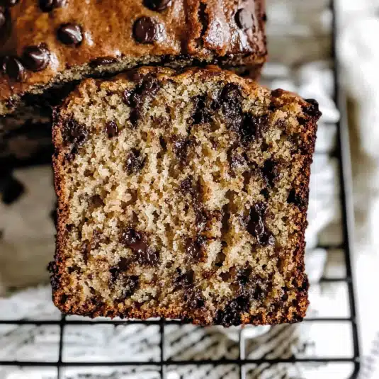 Freshly sliced chocolate chip banana bread