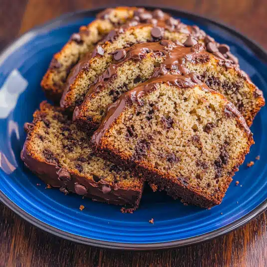 Freshly sliced chocolate chip banana bread loaf