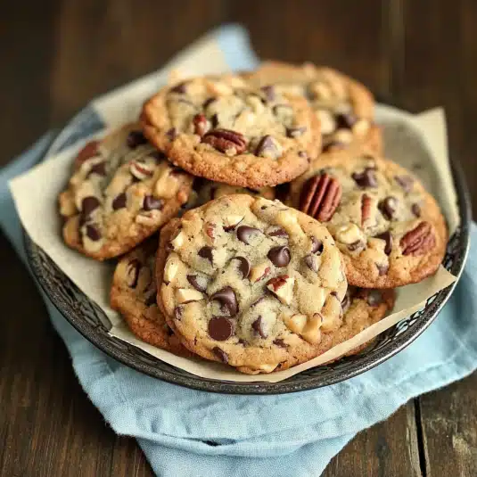 Freshly baked chocolate chip pecan cookies