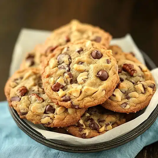 Freshly baked chocolate chip pecan cookies on a cooling rack