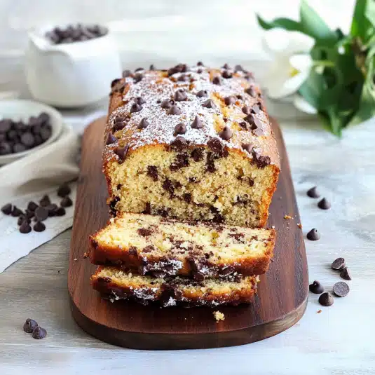 Chocolate Chip Pound Cake on rustic board