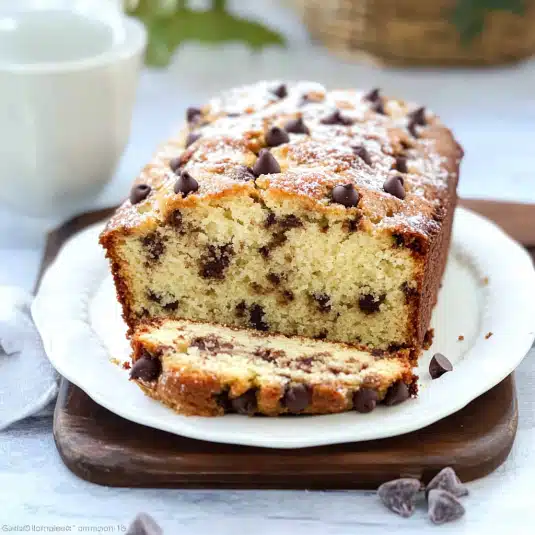 Chocolate Chip Pound Cake sliced on rustic board
