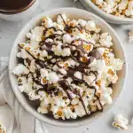 Bowl of freshly Chocolate covered popcorndrizzled with melted dark chocolate