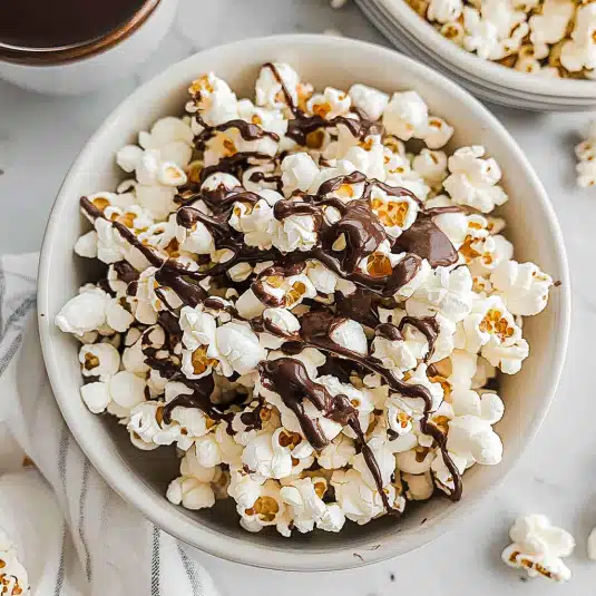 Bowl of freshly popped popcorn drizzled with melted dark chocolate