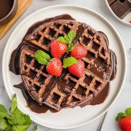 chocolate waffles with whipped cream and strawberries