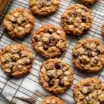 oatmeal raisin chocolate chip cookies stacked with melty chocolate