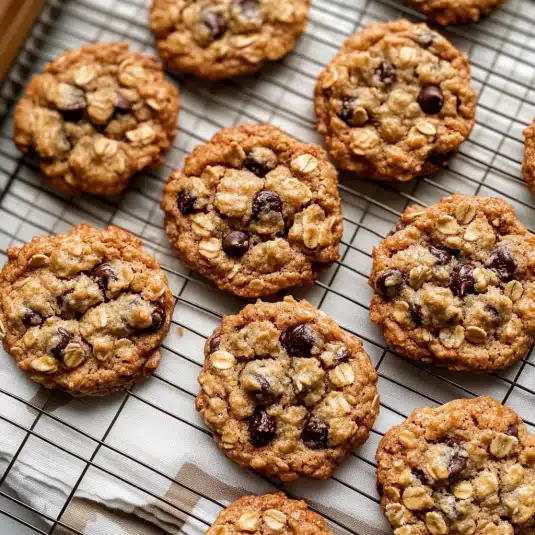 oatmeal raisin chocolate chip cookies stacked with melty chocolate